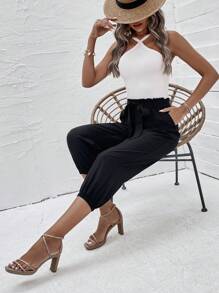 SHEIN LUNE 紙袋腰腰帶七分褲 - 黑色 - 查看 6