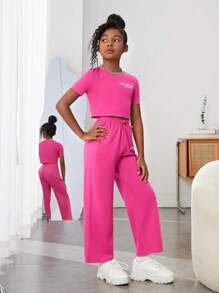 SHEIN 少女针织运动短款字母印花上衣搭配字母印花宽松口袋裤两件套 - 粉色 - 查看 4