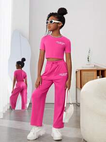 SHEIN 少女针织运动短款字母印花上衣搭配字母印花宽松口袋裤两件套 - 粉色 - 查看 5
