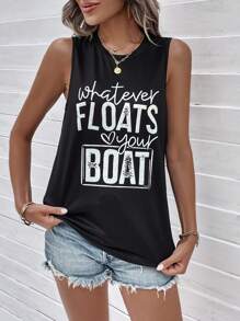 SHEIN LUNE Slogan Graphic Tank Top - Black - View 4