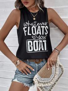 SHEIN LUNE Slogan Graphic Tank Top - Black - View 6