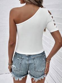 SHEIN LUNE Áo thun nữ Cắt ra màu trơn Giải trí - trắng - Xem 2