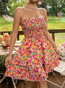 Soleia Allover Floral Print Ruffle Hem Tube Dress - Multicolor - View 3