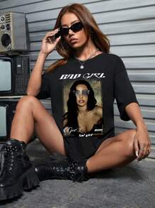 SHEIN EZwear Áo thun cổ tròn tay ngắn in họa tiết đồ họa dáng rộng thoải mái cho nữ, mùa hè - màu đen - Xem 4