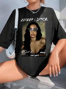 SHEIN EZwear Áo thun cổ tròn tay ngắn in họa tiết đồ họa dáng rộng thoải mái cho nữ, mùa hè - màu đen - Xem 5