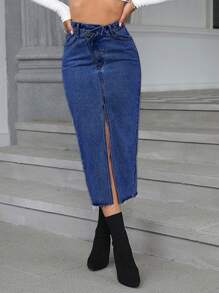 Váy denim nữ Nút Túi Hem thô Chia Dây kéo màu trơn - Rửa tối - Xem 1