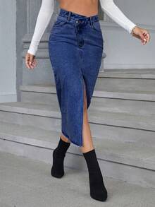Váy denim nữ Nút Túi Hem thô Chia Dây kéo màu trơn - Rửa tối - Xem 5