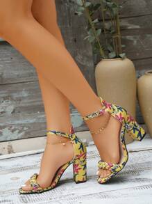 時尚涼鞋適用於花卉圖案粗跟踝帶平底涼鞋 - 彩色 - 查看 6