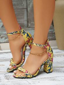 時尚涼鞋適用於花卉圖案粗跟踝帶平底涼鞋 - 彩色 - 查看 8