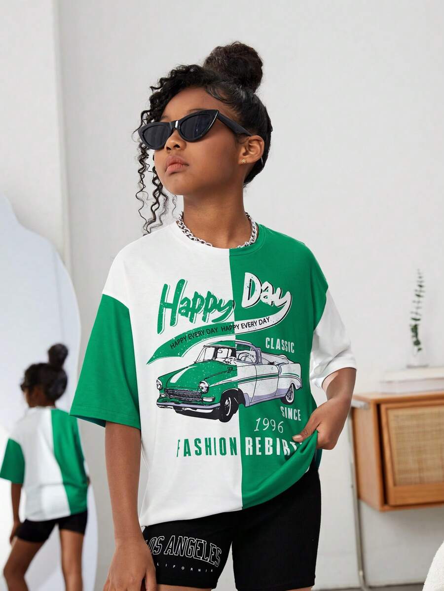 SHEIN 女孩汽車和標語圖案雙色落肩T恤 - 彩色 - 查看 1