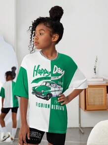 SHEIN 女孩汽車和標語圖案雙色落肩T恤 - 彩色 - 查看 3