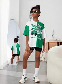 SHEIN 女孩汽車和標語圖案雙色落肩T恤 - 彩色 - 查看 5