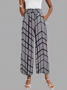 SHEIN LUNE Polka Dot Print Paperbag Waist Wide Leg Trousers - Black and White - View 1