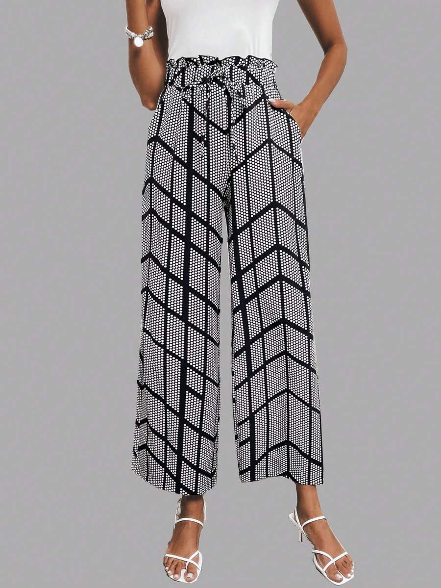 SHEIN LUNE Polka Dot Print Paperbag Waist Wide Leg Trousers - Black and White - View 1