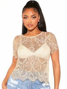 SHEIN SXY 貝殼邊蕾絲上衣不附文胸 - 卡其色 - 查看 4