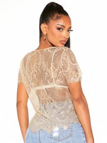 SHEIN SXY 貝殼邊蕾絲上衣不附文胸 - 卡其色 - 查看 3