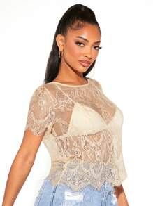 SHEIN SXY 貝殼邊蕾絲上衣不附文胸 - 卡其色 - 查看 2