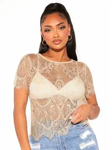 SHEIN SXY 貝殼邊蕾絲上衣不附文胸 - 卡其色 - 查看 1