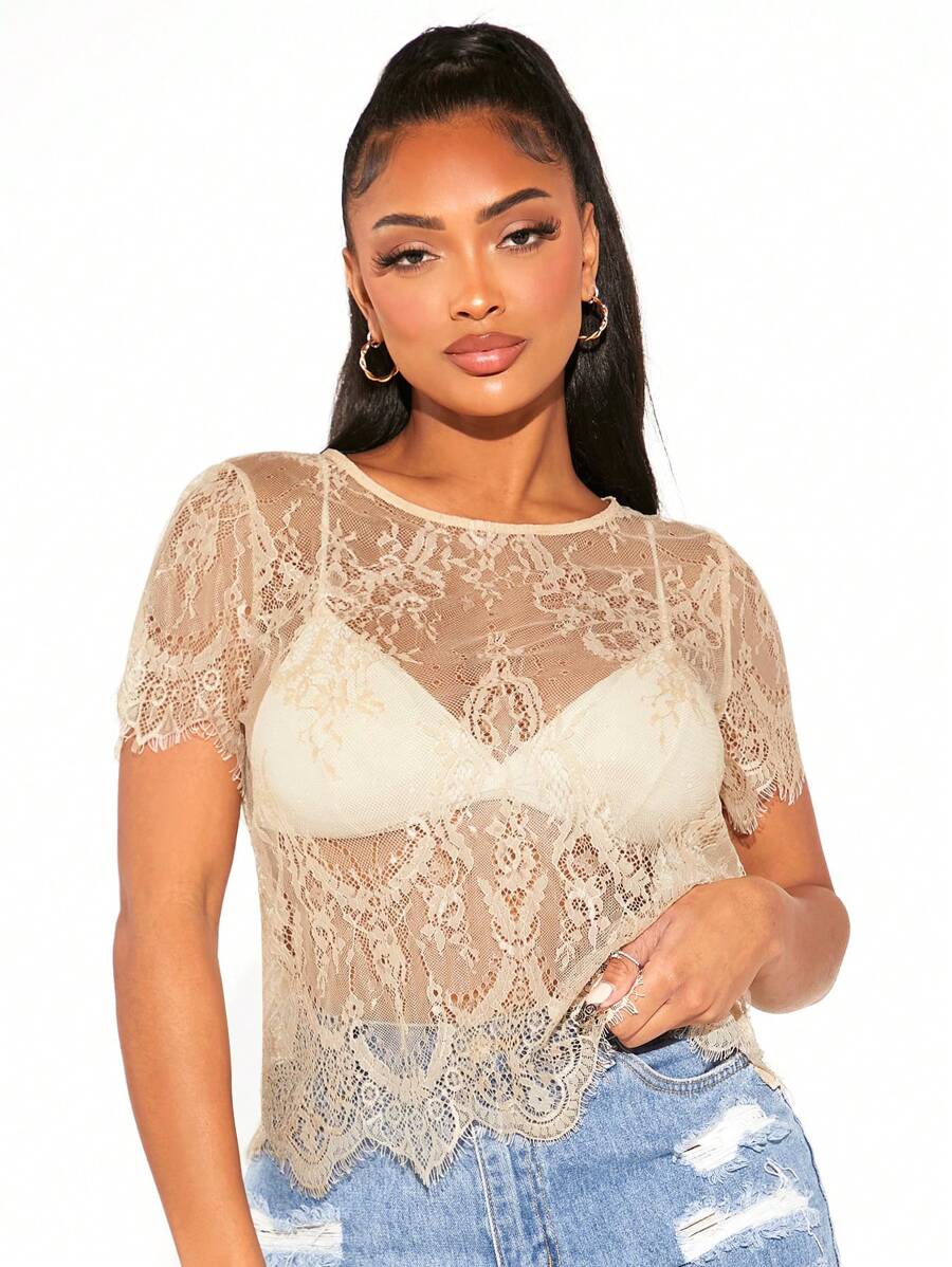 SHEIN SXY 貝殼邊蕾絲上衣不附文胸 - 卡其色 - 查看 1