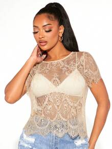 SHEIN SXY 貝殼邊蕾絲上衣不附文胸 - 卡其色 - 查看 6
