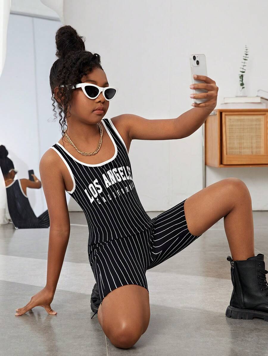 SHEIN Girls Striped & Letter Graphic Contrast Binding Unitard Romper - Black - View 1