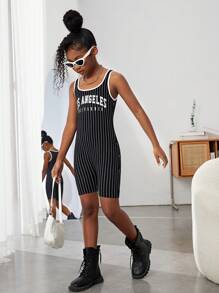 SHEIN Girls Striped & Letter Graphic Contrast Binding Unitard Romper - Black - View 4