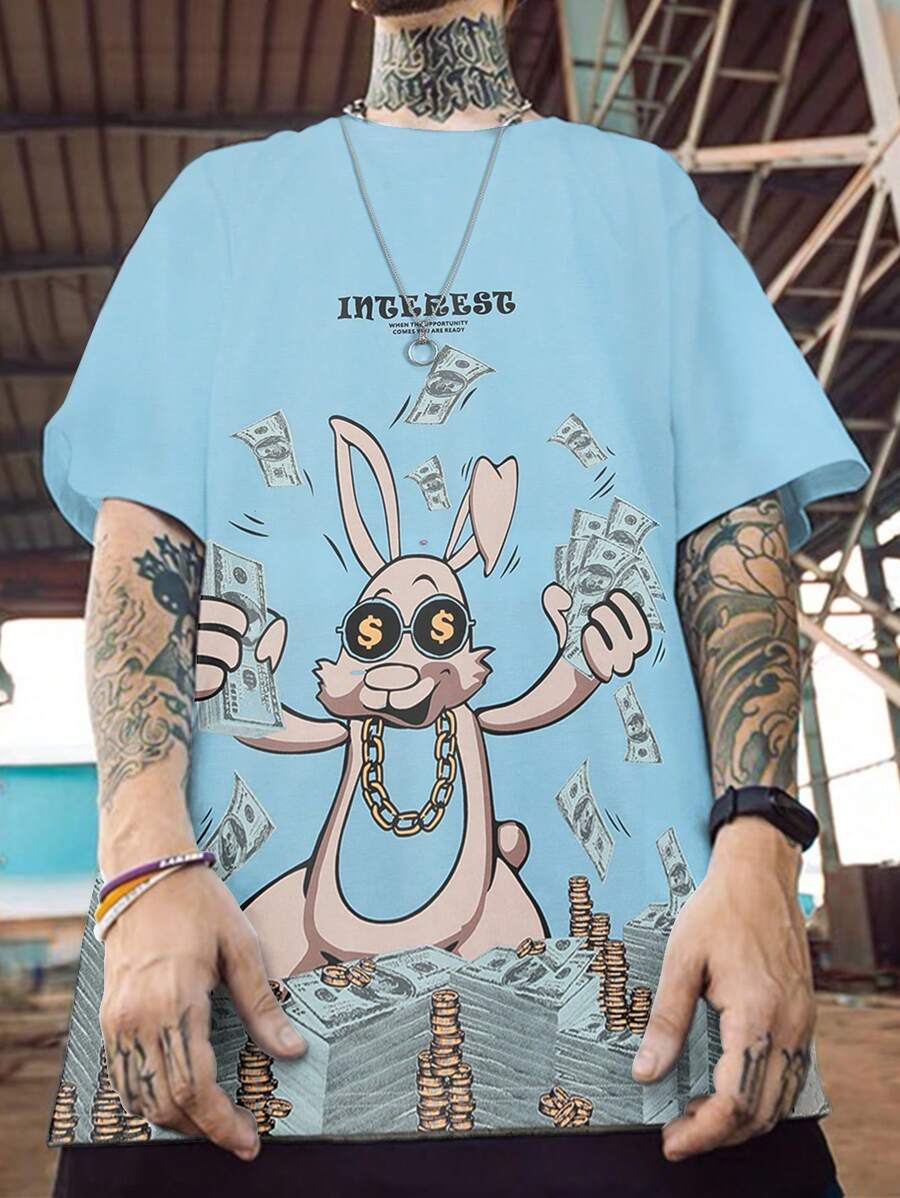 Manfinity Roghcode 街頭標語 卡通男士T恤和背心 - 藍色 - 查看 1