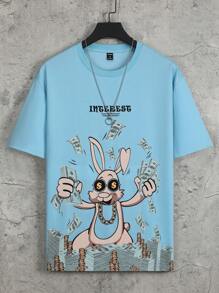 Manfinity Roghcode 街頭標語 卡通男士T恤和背心 - 藍色 - 查看 2