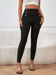 SHEIN Privé Quần tất nữ Hội Chữ thập Nút đôi màu trơn Giải trí - màu đen - Xem 1