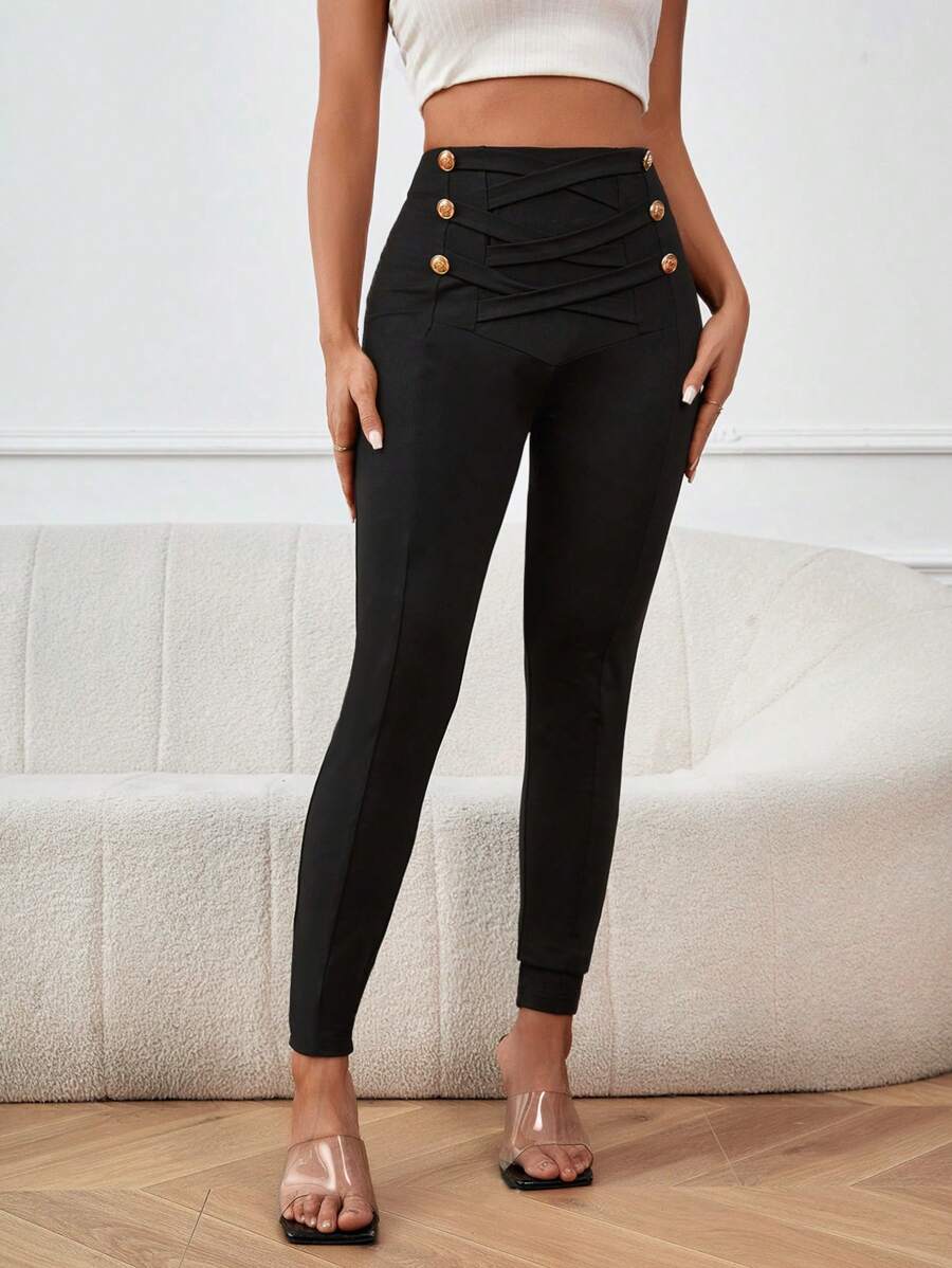 SHEIN Privé Quần tất nữ Hội Chữ thập Nút đôi màu trơn Giải trí - màu đen - Xem 1