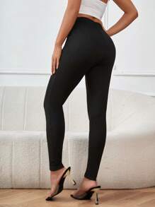 SHEIN Privé Quần tất nữ Hội Chữ thập Nút đôi màu trơn Giải trí - màu đen - Xem 2