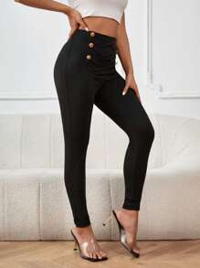 SHEIN Privé Quần tất nữ Hội Chữ thập Nút đôi màu trơn Giải trí - màu đen - Xem 3