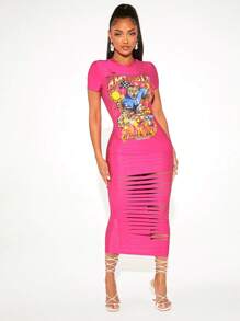 SHEIN SXY Letter & Tiger Print Ripped Bodycon Dress - Hot Pink - View 1