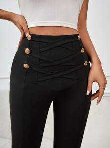 SHEIN Privé Quần tất nữ Hội Chữ thập Nút đôi màu trơn Giải trí - màu đen - Xem 5