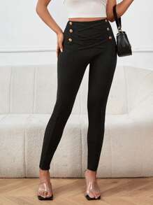 SHEIN Privé Quần tất nữ Hội Chữ thập Nút đôi màu trơn Giải trí - màu đen - Xem 6