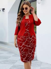 HOMEYEE Rochie Plus Geo Print 2 În 1 - roșu - Vizualizare 1