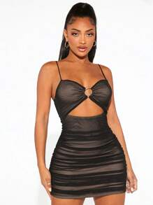 SHEIN SXY 環鏈前鏤空褶邊網紗覆蓋緊身洋裝 - 黑色 - 查看 4