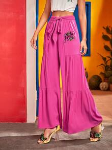 Frida Kahlo X SHEIN Pantalones de pierna ancha con letra & con bordado floral bajo con fruncido con cordón delantero - Rosa Fucsia - Ver 3