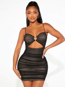 SHEIN SXY 環鏈前鏤空褶邊網紗覆蓋緊身洋裝 - 黑色 - 查看 5