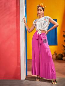 Frida Kahlo X SHEIN Pantalones de pierna ancha con letra & con bordado floral bajo con fruncido con cordón delantero - Rosa Fucsia - Ver 6
