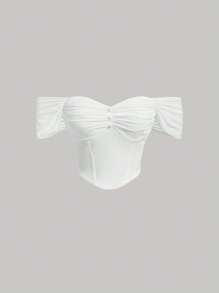 SHEIN MOD Off Shoulder Ruched Bust Button Front Corset Structure Blouse,Short Sleeve Tops