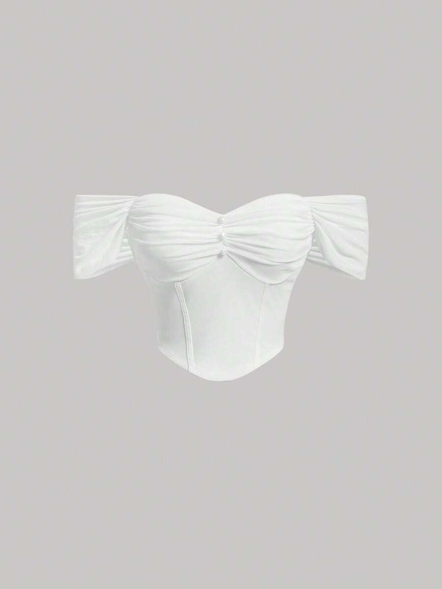 SHEIN MOD Off Shoulder Ruched Bust Button Front Corset Structure Blouse,Short Sleeve Tops