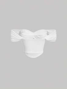 SHEIN MOD Off Shoulder Ruched Bust Button Front Corset Structure Blouse,Short Sleeve Tops