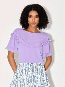FARAH NAZ NEW YORK Frill Trim Puff Sleeve Solid Top - Lilac Purple - View 1
