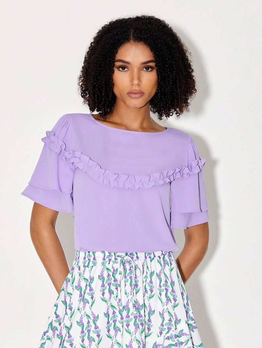 FARAH NAZ NEW YORK Frill Trim Puff Sleeve Solid Top - Lilac Purple - View 1