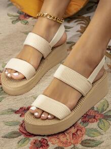 Women's Shiny Platform Wedge Sandals, Summer - Khaki - View 2