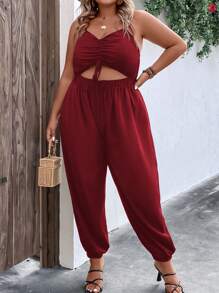 SHEIN LUNE Plus Drawstring Front Cut Out Ruched Cami Jumpsuit - Burgundy - View 1