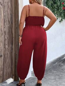 SHEIN LUNE Plus Drawstring Front Cut Out Ruched Cami Jumpsuit - Burgundy - View 2