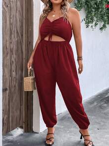SHEIN LUNE Plus Drawstring Front Cut Out Ruched Cami Jumpsuit - Burgundy - View 3