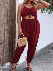 SHEIN LUNE Plus Drawstring Front Cut Out Ruched Cami Jumpsuit - Burgundy - View 4
